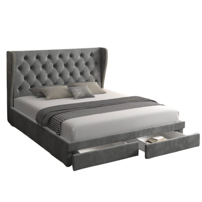 Wing Velvet Bed Frame with Storage Drawers ST0803 in Grey