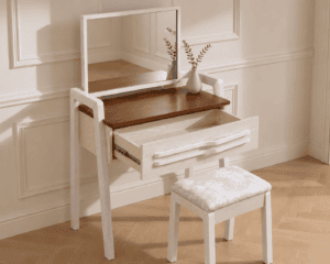 Classic Ash Wood Dressing Table with Mirror and Chair - open drawer view