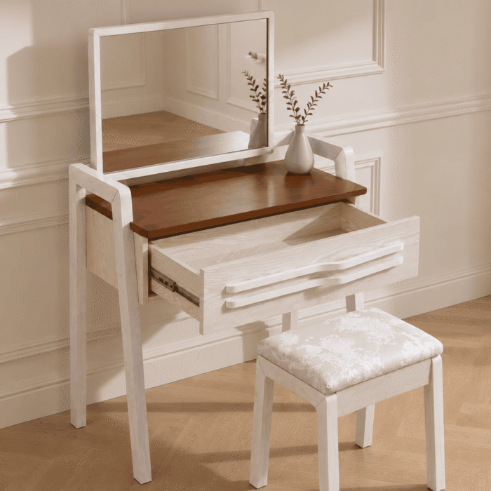 Classic Ash Wood Dressing Table with Mirror and Chair - open drawer view