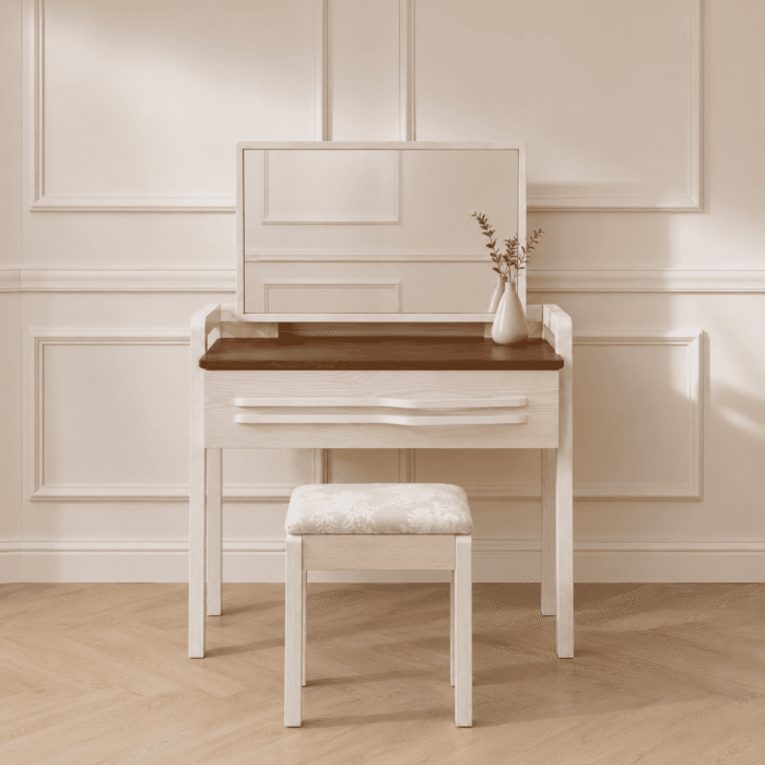 Classic Ash Wood Dressing Table with Mirror and Chair - front view