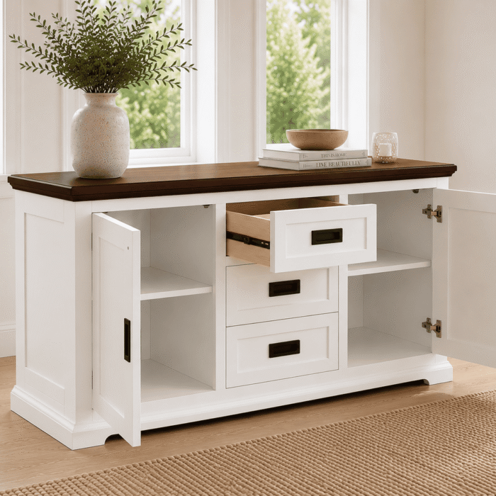 160cm Buffet With Wooden Top - open storage view