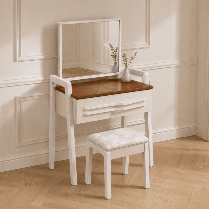 Classic Ash Wood Dressing Table with Mirror and Chair - main view