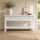 143cm white console hall table with two drawers in warm entryway scene