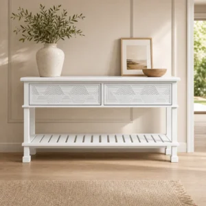 143cm white console hall table with two drawers in warm entryway scene