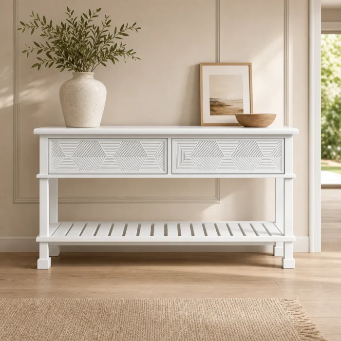143cm white console hall table with two drawers in warm entryway scene
