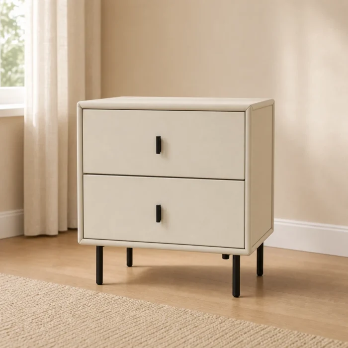 Beige bedside table with two drawers in warm bedroom setting