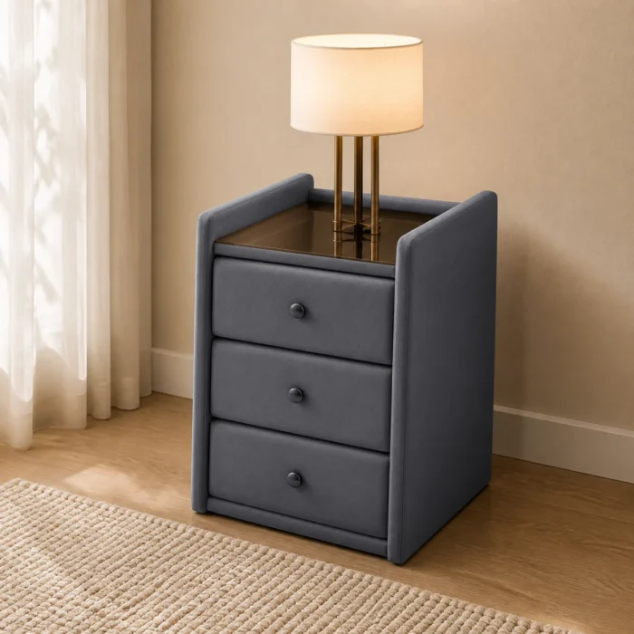 Grey velvet bedside table with tempered glass top in warm bedroom setting