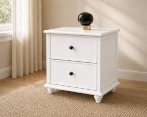 Classic white two drawer bedside table in warm bedroom setting