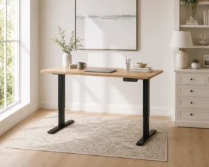 Height adjustable desk with timber top and black frame in warm home office