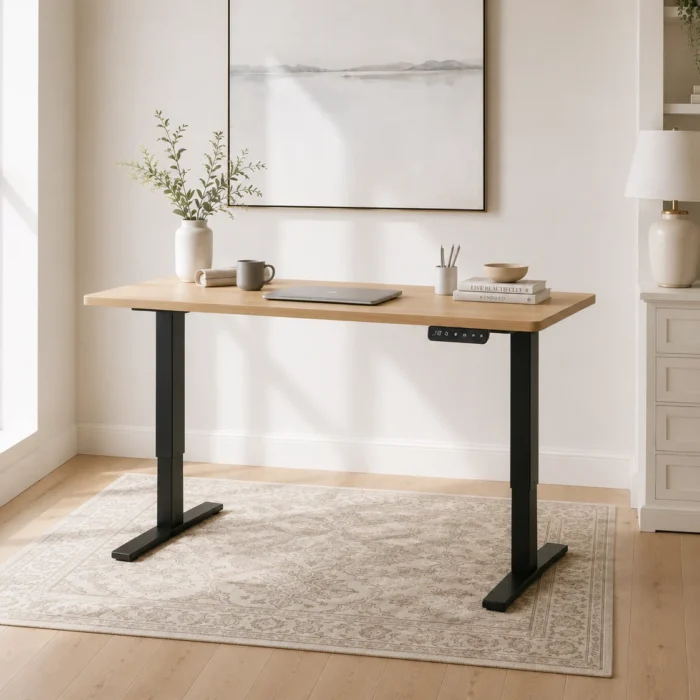 Height adjustable desk with timber top and black frame in warm home office