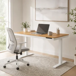 Height adjustable desk with timber top, white frame and office chair in warm home office