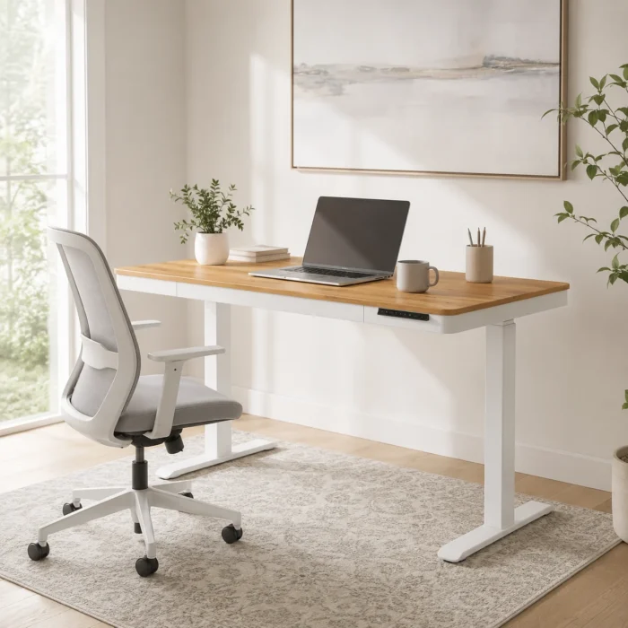 Height adjustable desk with timber top, white frame and office chair in warm home office