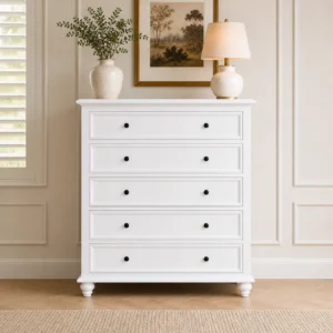 American Country Style 5-Drawer Tallboy in white Hamptons bedroom setting