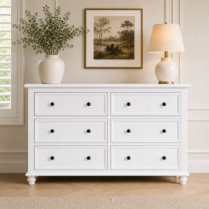 American Country Style 6-Drawer Chest of Drawers in white Hamptons bedroom setting