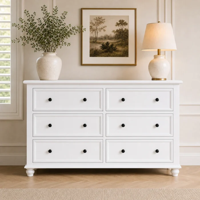 American Country Style 6-Drawer Chest of Drawers in white Hamptons bedroom setting
