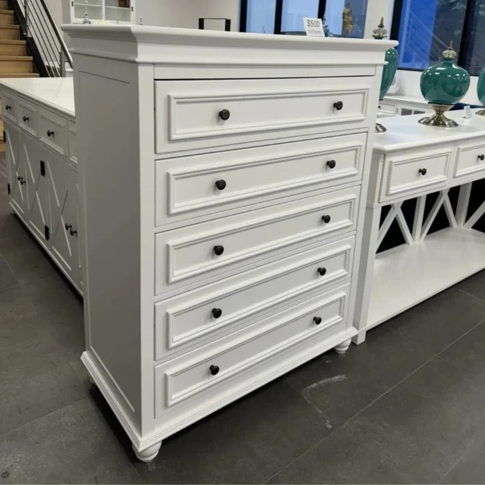 American Country Style 5-drawer tallboy in white finish