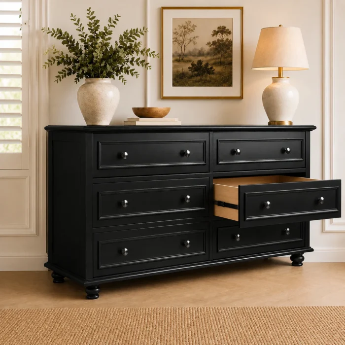 American Style 6 Drawer Black Drawer Open American Style 6-drawer chest of drawers in black finish