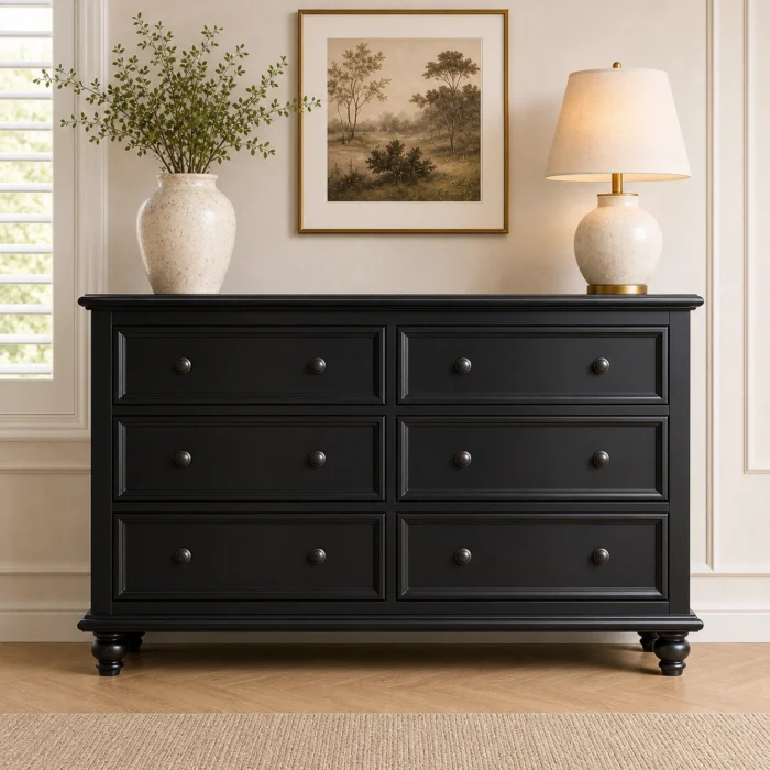 American Style 6-Drawer Chest of Drawers in black satin finish Hamptons bedroom setting