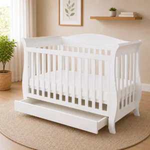 Andy 3-in-1 drop side sleigh baby cot white drawer open Andy white drop side sleigh baby cot with storage drawer open