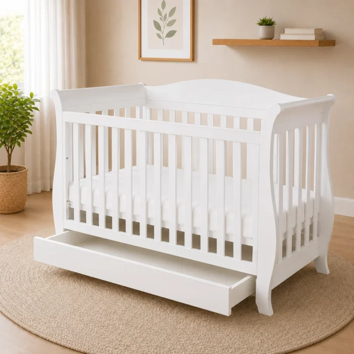 Andy white drop side sleigh baby cot with storage drawer open