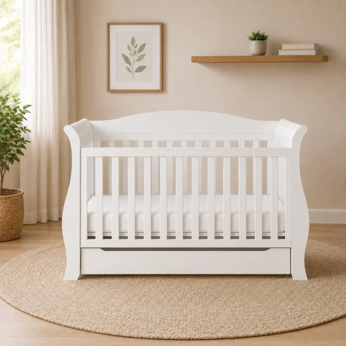 Andy white 3-in-1 sleigh baby cot front view