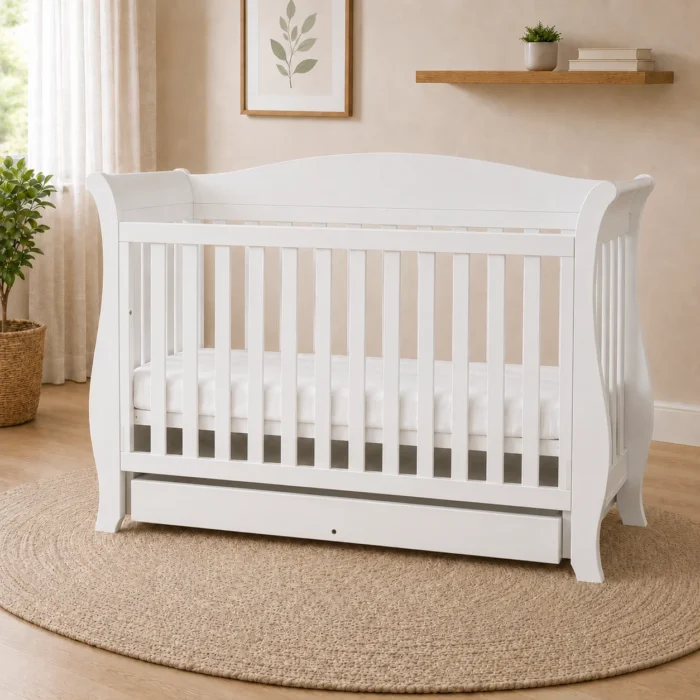 Andy 3-in-1 drop side sleigh baby cot in white nursery scene