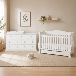 Andy baby cot with Brighton 7 drawer change table package in nursery room scene