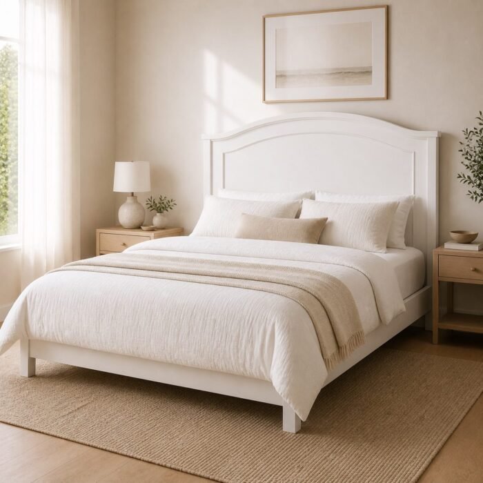 ASB-P white American country wooden bedhead bedroom scene ASB-P white American country wooden bedhead in a warm modern bedroom