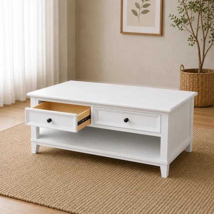Ash wood coffee table in white finish with drawer open