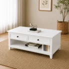 Ash wood coffee table in white finish showing drawers and lower shelf