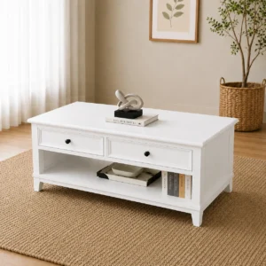 Ash wood coffee table in white finish showing drawers and lower shelf