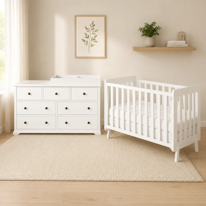 Baby cot with Brighton 7 drawer change table package in nursery room scene