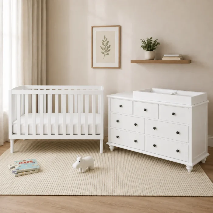 Baby cot with Classic 7 drawer change table package in nursery room scene