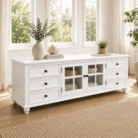 Beech Wood TV Unit in White side view with glass doors and drawer storage
