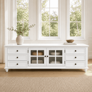 Beech Wood TV Unit in White in a bright Hampton-style living room