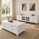 Beech Wood TV Unit in White styled with a matching white coffee table