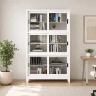 Beech wood 2m high bookcase in white front view with glass doors in warm office room