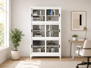 Beech wood 2m high bookcase in white front view with glass doors in warm office room