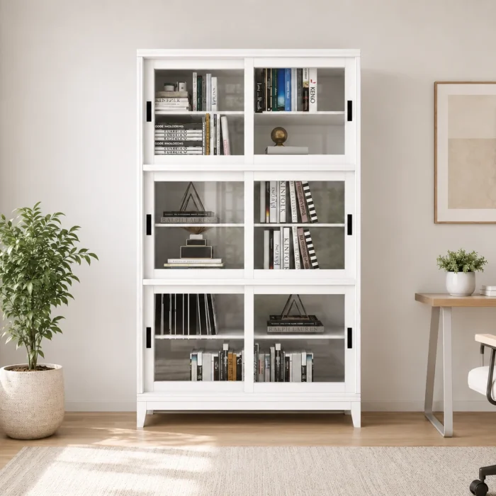 Beech wood 2m high bookcase in white front view with glass doors in warm office room