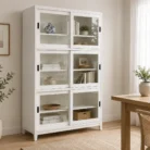 Beech wood 2m high bookcase in white with glass doors in warm office room
