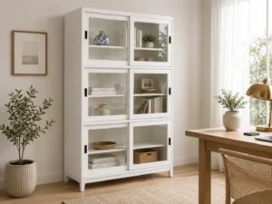 Beech wood 2m high bookcase in white with glass doors in warm office room