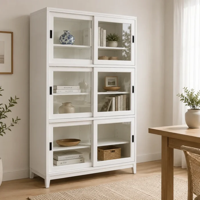 Beech wood 2m high bookcase in white with glass doors in warm office room