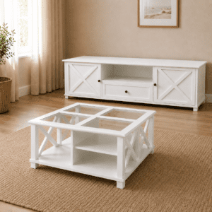 Bridgston white coffee table styled with matching white TV unit