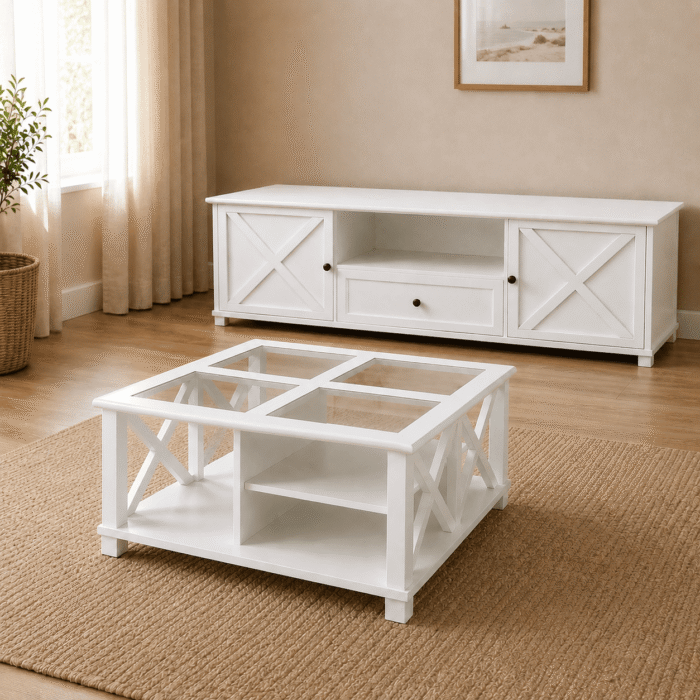 Bridgston White Coffee Table - lifestyle view Bridgston white coffee table styled with matching white TV unit