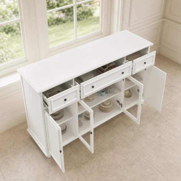 Buffet 160cm with Glass Doors in white open storage view