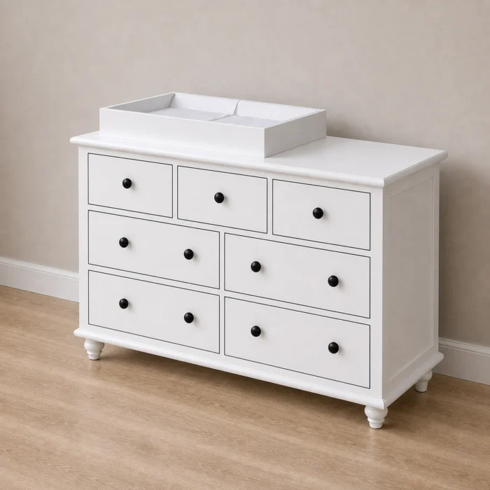 Classic 7-Drawer Baby Change Table in White with correct bun feet