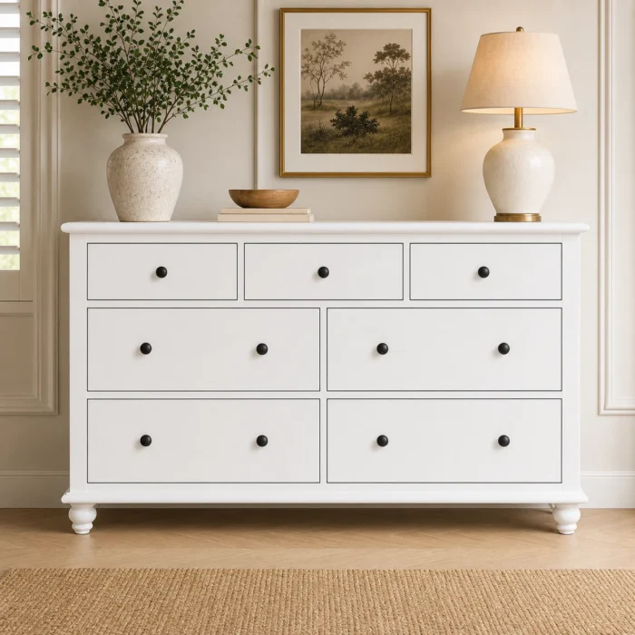 Classic 7-Drawer Chest of Drawers in White with flat drawer fronts
