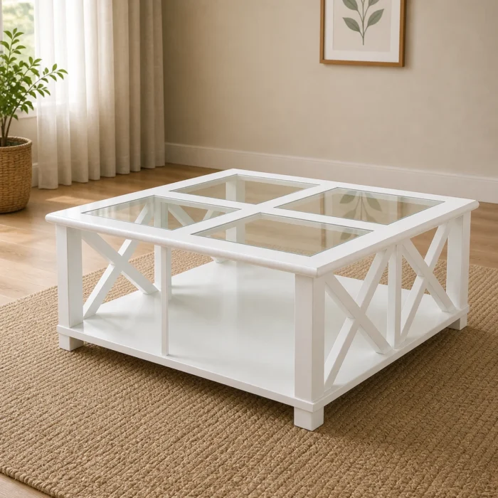 Bridgston style white glass top coffee table in warm living room Bridgston style white glass top coffee table in warm living room