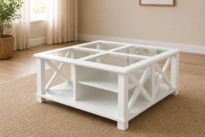 Bridgston style white glass top coffee table with visible internal shelf