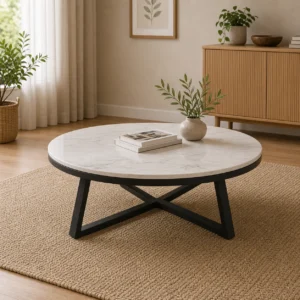 Natural marble round coffee table with black legs in warm living room